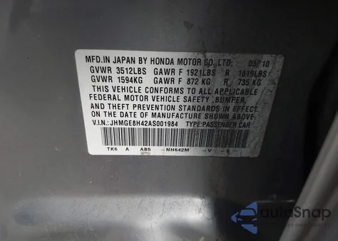 2010 Honda Fit Sport from USA, damaged, VIN JHMGE8H42AS001984